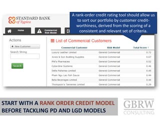 A rank-order credit rating tool should allow us
to sort our portfolio by customer credit-
worthiness, derived from the scoring of a
consistent and relevant set of criteria.
START WITH A RANK ORDER CREDIT MODEL
BEFORE TACKLING PD AND LGD MODELS
 