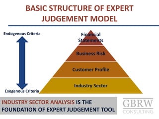 Financial
Statements
Business Risk
Customer Profile
Industry Sector
Endogenous Criteria
Exogenous Criteria
BASIC STRUCTURE OF EXPERT
JUDGEMENT MODEL
INDUSTRY SECTOR ANALYSIS IS THE
FOUNDATION OF EXPERT JUDGEMENT TOOL
 