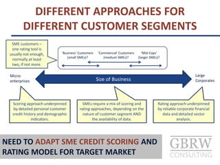 DIFFERENT APPROACHES FOR
DIFFERENT CUSTOMER SEGMENTS
Size of Business
Large
Corporates
Micro-
enterprises
‘Business’ Customers
(small SMEs)?
‘Commercial’ Customers
(medium SMEs)?
SME customers –
one rating tool is
usually not enough,
normally at least
two, if not more.
Rating approach underpinned
by reliable corporate financial
data and detailed sector
analysis.
Scoring approach underpinned
by detailed personal customer
credit history and demographic
indicators.
SMEs require a mix of scoring and
rating approaches, depending on the
nature of customer segment AND
the availability of data.
NEED TO ADAPT SME CREDIT SCORING AND
RATING MODEL FOR TARGET MARKET
‘Mid-Caps’
(larger SMEs)?
 