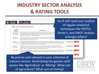 INDUSTRY SECTOR ECONOMIC
ANALYSIS & RATING TOOLS
Be precise and relevant in your selection of
industry sectors. Avoid being too generic with
sectors like ‘Agriculture’ or ‘Mining’. What sort
of agriculture? What sort of mining?
You’ll still need your toolbox
of regular analytical
techniques like PESTLE,
Porter’s, and SWOT analysis
amongst others!
 