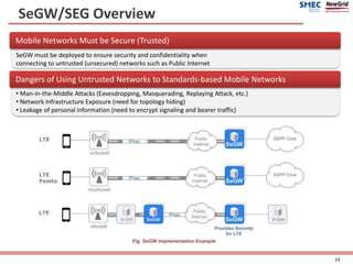 SeGW/SEG Overview
Fig. SeGW implementation Example
Mobile Networks Must be Secure (Trusted)
SeGW must be deployed to ensure security and confidentiality when
connecting to untrusted (unsecured) networks such as Public Internet
Dangers of Using Untrusted Networks to Standards-based Mobile Networks
• Man-in-the-Middle Attacks (Eavesdropping, Masquerading, Replaying Attack, etc.)
• Network Infrastructure Exposure (need for topology hiding)
• Leakage of personal information (need to encrypt signaling and bearer traffic)
13
 