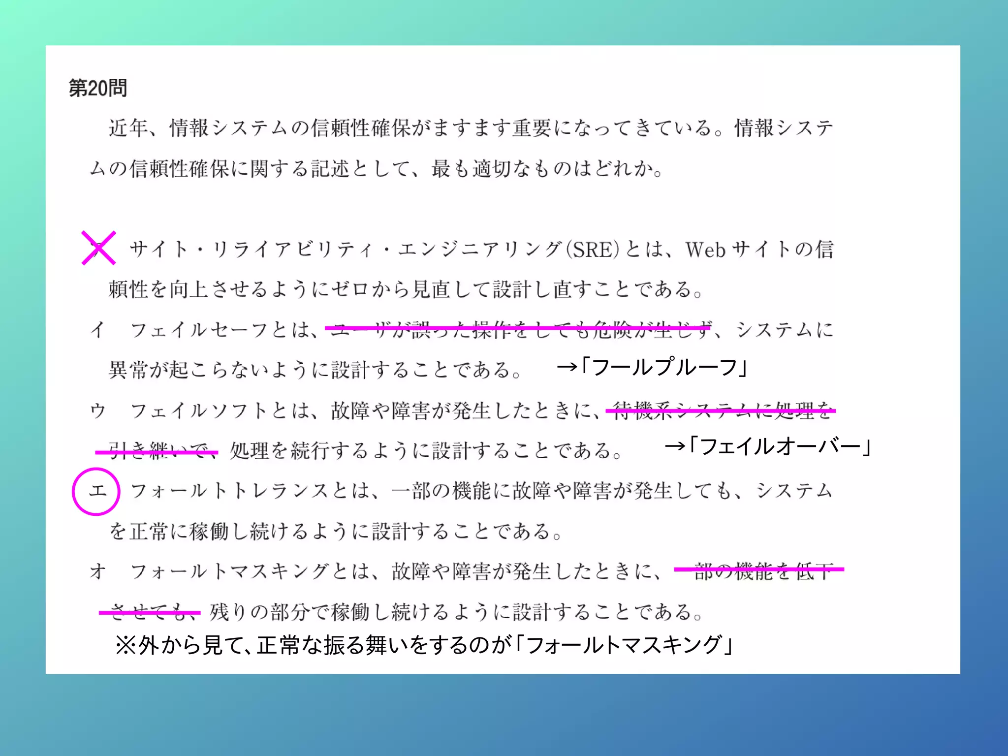 →「フェイルオーバー」
※外から見て、正常な振る舞いをするのが「フォールトマスキング」
→「フールプルーフ」
 
