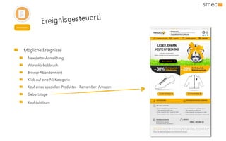 Ereignisgesteuert!
Newsletter
Mögliche Ereignisse
Newsletter-Anmeldung
Warenkorbabbruch
Browse-Abandonment
Klick auf eine NL-Kategorie
Kauf eines speziellen Produktes - Remember: Amazon
Geburtstage
Kauf-Jubiläum
 