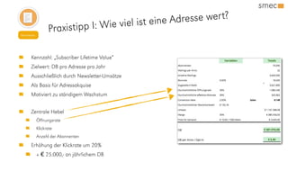 Kennzahl: „Subscriber Lifetime Value“
Zielwert: DB pro Adresse pro Jahr
Ausschließlich durch Newsletter-Umsätze
Als Basis für Adressakquise
Motiviert zu ständigem Wachstum
Zentrale Hebel
Öffnungsrate
Klickrate
Anzahl der Abonnenten
Erhöhung der Klickrate um 20%
+ € 25.000,- an jährlichem DB
Newsletter
Praxistipp I: Wie viel ist eine Adresse wert?
 