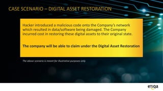 CASE SCENARIO – DIGITAL ASSET RESTORATION
Hacker introduced a malicious code onto the Company’s network
which resulted in data/software being damaged. The Company
incurred cost in restoring these digital assets to their original state.
The company will be able to claim under the Digital Asset Restoration
The above scenario is meant for illustrative purposes only
 
