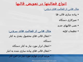 مثال هايى از فعاليت هاى درونى : پياده سازى قالب ها تميزكارى دستگاه نصب قالبهای جدید تنظيمات اوليه انواع فعالیتها در تعویض قالبها مثال هايى از فعاليت هاى  بی رونى : انتقال قالب هاى محصول بعدى به كنار دستگاه انتقال ابزار مورد نياز به كنار دستگاه انتقال قالب هاى پياده سازى شده به انبار مرتب كردن لوازم مورد نياز در حين كار [email_address] 