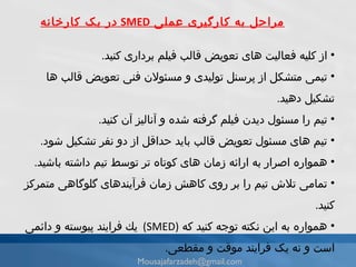 مراحل به كارگیرى عملى   SMED  در یک كارخانه از كليه فعاليت هاى تعويض قالب فيلم بردارى كنيد . تيمى متشكل از پرسنل توليدى و مسئولان فنى تعويض قالب ها تشكيل دهيد . تيم را مسئول ديدن فيلم گرفته شده و آناليز آن كنيد . تيم هاى مسئول تعويض قالب بايد حداقل از دو نفر تشكيل شود . همواره اصرار به ارائه زمان هاى كوتاه تر توسط تيم داشته باشيد . تمامى تلاش تيم را بر روى كاهش زمان فرآيندهاى گلوگاهى متمركز كنيد . همواره به اين نكته توجه كنيد كه  (SMED)  يك فرايند پیوسته و دائمى است و نه يک فرايند موقت و مقطعى . [email_address] 