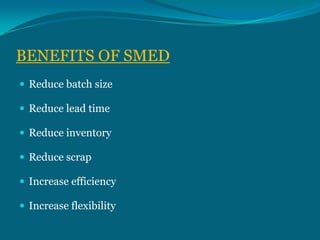 BENEFITS OF SMED
 Reduce batch size
 Reduce lead time
 Reduce inventory
 Reduce scrap
 Increase efficiency
 Increase flexibility

 