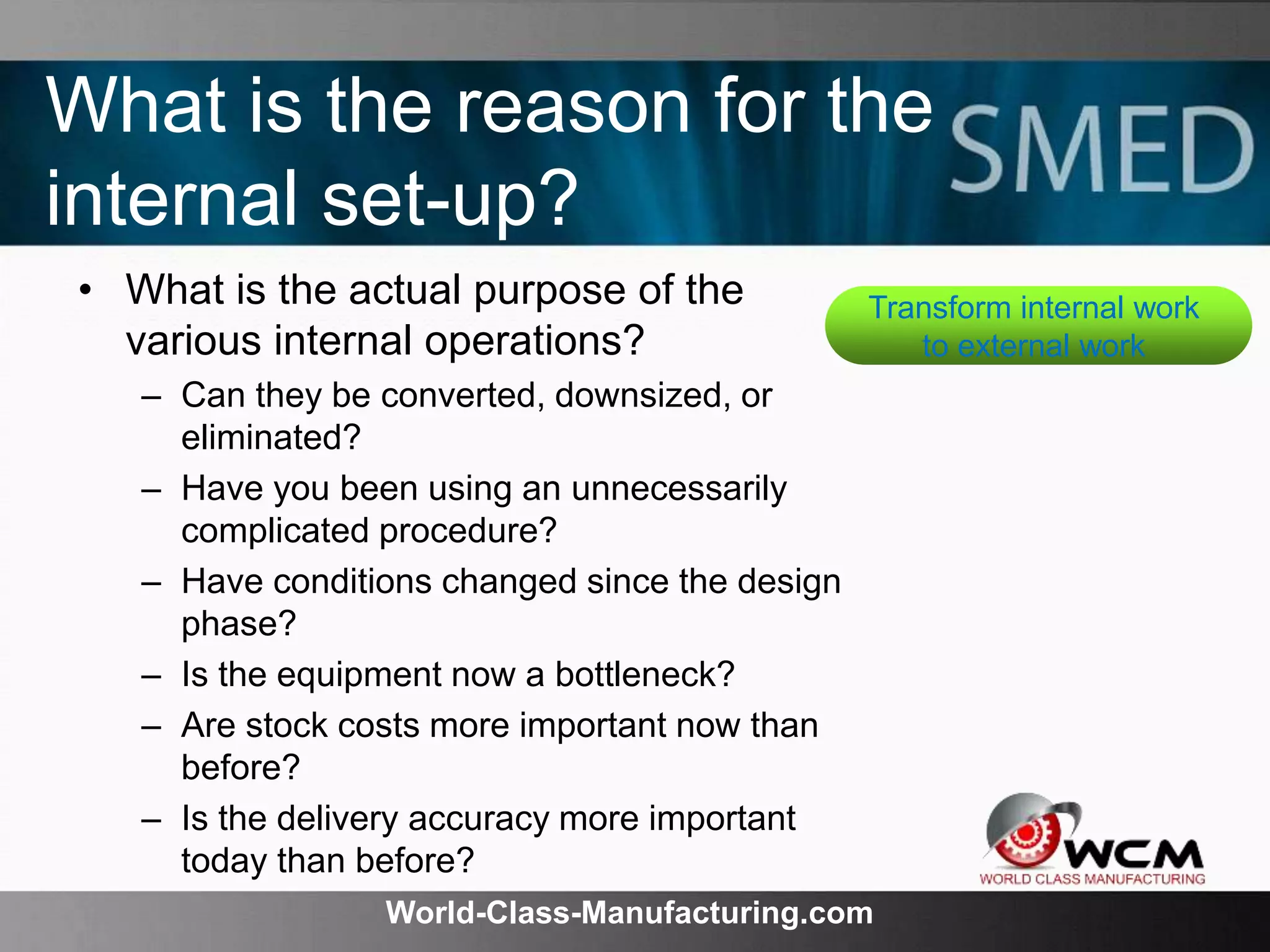 World-Class-Manufacturing.com
What is the reason for the
internal set-up?
• What is the actual purpose of the
various internal operations?
– Can they be converted, downsized, or
eliminated?
– Have you been using an unnecessarily
complicated procedure?
– Have conditions changed since the design
phase?
– Is the equipment now a bottleneck?
– Are stock costs more important now than
before?
– Is the delivery accuracy more important
today than before?
Transform internal work
to external work
 