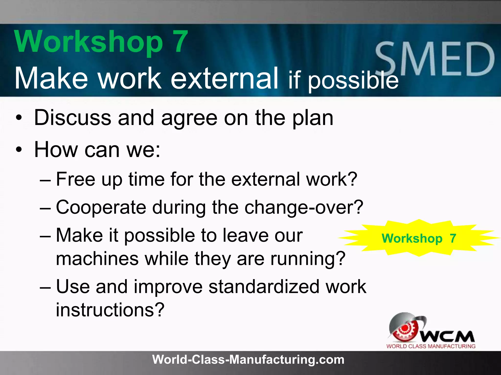 World-Class-Manufacturing.com
Workshop 7
Make work external if possible
• Discuss and agree on the plan
• How can we:
– Free up time for the external work?
– Cooperate during the change-over?
– Make it possible to leave our
machines while they are running?
– Use and improve standardized work
instructions?
Workshop 7
 