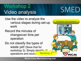 World-Class-Manufacturing.com
Workshop 2
Video analysis
Use the video to analyze the
various stages during set-up
work
Record the minutes of
changeover time per
operation
Do not classify the types of
waste yet! (Save that for
workshop 3). Simply identify all
operations and record the times.
Establish the baseline
Workshop 2
 