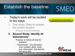 World-Class-Manufacturing.com
Establish the baseline
• Today’s work will be studied
in two ways
1. First study: Video to analyse
the current situation
Purpose: to set the base-line
2. Second Study: Identify all
disturbances*
Purpose: to reduce all risks for
problems
* ”Disturbance” : Any disruption,
error, problem, glitch, snafu,
bug, interruption...that disturbs
the set-up task
Establish the baseline
 