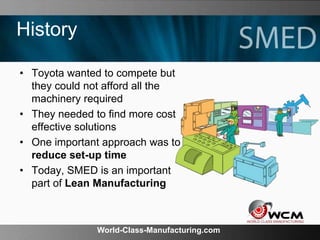 World-Class-Manufacturing.com
History
• Toyota wanted to compete but
they could not afford all the
machinery required
• They needed to find more cost
effective solutions
• One important approach was to
reduce set-up time
• Today, SMED is an important
part of Lean Manufacturing
 