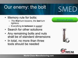 World-Class-Manufacturing.com
Our enemy: the bolt
• Memory rule for bolts:
– The first turn loosens, the last turn
tightens
– Everything in between is waste!
• Search for other solutions
• Any remaining bolts and nuts
shall be of standard dimensions
• In total, no more than three
tools should be needed
Eliminate all waste
 