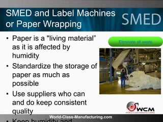 World-Class-Manufacturing.com
SMED and Label Machines
or Paper Wrapping
• Paper is a "living material”
as it is affected by
humidity
• Standardize the storage of
paper as much as
possible
• Use suppliers who can
and do keep consistent
quality
Eliminate all waste
 