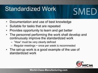 World-Class-Manufacturing.com
Standardized Work
• Documentation and use of best knowledge
• Suitable for tasks that are repeated
• Provides opportunity to learn and get better
• The personnel performing the work shall develop and
continuously improve the standardized work
– ”How” must be very clearly defined
– Regular meetings ~ once per week is recommeded
• The set-up work is a good example of the use of
standardized work
 