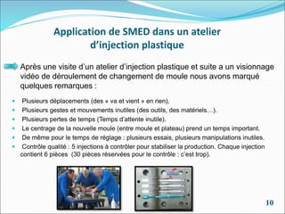 Application de SMED dans un atelier
d’injection plastique
 Après une visite d’un atelier d’injection plastique et suite a un visionnage
vidéo de déroulement de changement de moule nous avons marqué
quelques remarques :
 Plusieurs déplacements (des « va et vient » en rien).
 Plusieurs gestes et mouvements inutiles (des outils, des matériels…).
 Plusieurs pertes de temps (Temps d’attente inutile).
 Le centrage de la nouvelle moule (entre moule et plateau) prend un temps important.
 De même pour le temps de réglage : plusieurs essais, plusieurs manipulations inutiles.
 Contrôle qualité : 5 injections à contrôler pour stabiliser la production. Chaque injection
contient 6 pièces (30 pièces réservées pour le contrôle : c’est trop).
10
 
