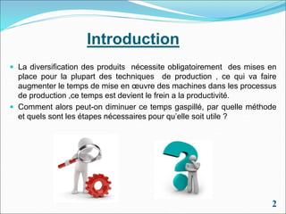 Introduction
 La diversification des produits nécessite obligatoirement des mises en
place pour la plupart des techniques de production , ce qui va faire
augmenter le temps de mise en œuvre des machines dans les processus
de production ,ce temps est devient le frein a la productivité.
 Comment alors peut-on diminuer ce temps gaspillé, par quelle méthode
et quels sont les étapes nécessaires pour qu’elle soit utile ?
2
 