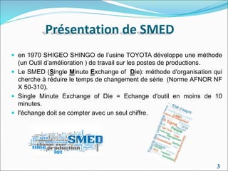 Présentation de SMED
 en 1970 SHIGEO SHINGO de l’usine TOYOTA développe une méthode
(un Outil d’amélioration ) de travail sur les postes de productions.
 Le SMED (Single Minute Exchange of Die): méthode d'organisation qui
cherche à réduire le temps de changement de série (Norme AFNOR NF
X 50-310).
 Single Minute Exchange of Die = Echange d'outil en moins de 10
minutes.
 l'échange doit se compter avec un seul chiffre.
3
 