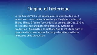 Origine et historique
● La méthode SMED a été adopte pour la première fois par l
industrie manufacturière japonaise par l’ingénieur industriel
Shigeo Shingo à l’usine Toyota dans les années 1960 et 1970 et
elle est devenue une partie intégrante du système de
production . Aujourd’hui, la méthode SMED est utilise dans le
monde entière pour réduire les temps d arrêt et améliorer
l’éfficacite de la production .
 