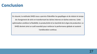 Conclusion
En résumé, la méthode SMED nous a permis d’identifier les gaspillages et de réduire le temps
de changement de série en transformant les tâches internes en tâches externes. Cette
optimisation améliore la flexibilité, la productivité et la réactivité de la ligne de production. Le
SMED devient ainsi un outil essentiel pour renforcer la performance globale et soutenir
l’amélioration continue.
27
 