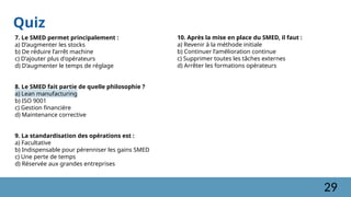 Quiz
7. Le SMED permet principalement :
a) D’augmenter les stocks
b) De réduire l’arrêt machine
c) D’ajouter plus d'opérateurs
d) D’augmenter le temps de réglage
8. Le SMED fait partie de quelle philosophie ?
a) Lean manufacturing
b) ISO 9001
c) Gestion financière
d) Maintenance corrective
9. La standardisation des opérations est :
a) Facultative
b) Indispensable pour pérenniser les gains SMED
c) Une perte de temps
d) Réservée aux grandes entreprises
10. Après la mise en place du SMED, il faut :
a) Revenir à la méthode initiale
b) Continuer l’amélioration continue
c) Supprimer toutes les tâches externes
d) Arrêter les formations opérateurs
29
 