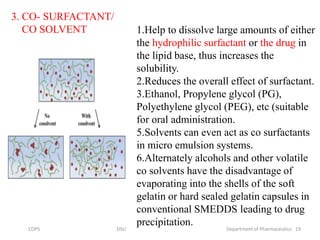 1.Help to dissolve large amounts of either
the hydrophilic surfactant or the drug in
the lipid base, thus increases the
solubility.
2.Reduces the overall effect of surfactant.
3.Ethanol, Propylene glycol (PG),
Polyethylene glycol (PEG), etc (suitable
for oral administration.
5.Solvents can even act as co surfactants
in micro emulsion systems.
6.Alternately alcohols and other volatile
co solvents have the disadvantage of
evaporating into the shells of the soft
gelatin or hard sealed gelatin capsules in
conventional SMEDDS leading to drug
precipitation.
3. CO- SURFACTANT/
CO SOLVENT
19COPS DSU Department of Pharmaceutics
 