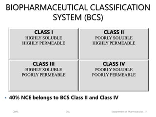 BIOPHARMACEUTICAL CLASSIFICATION
SYSTEM (BCS)
CLASS I
HIGHLY SOLUBLE
HIGHLY PERMEABLE
CLASS II
POORLY SOLUBLE
HIGHLY PERMEABLE
CLASS III
HIGHLY SOLUBLE
POORLY PERMEABLE
CLASS IV
POORLY SOLUBLE
POORLY PERMEABLE
 40% NCE belongs to BCS Class II and Class IV
7COPS DSU Department of Pharmaceutics
 
