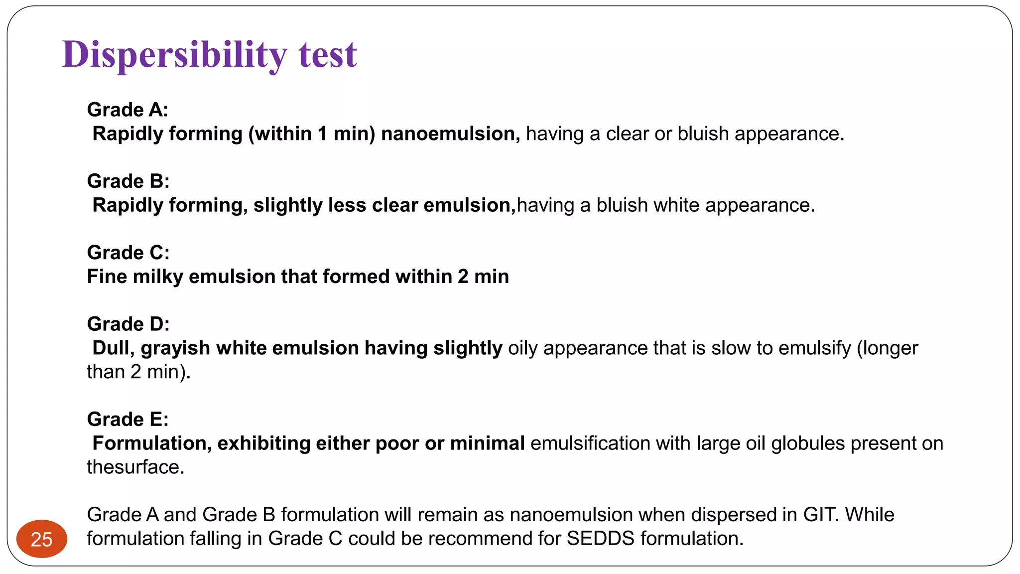 25
Grade A:
Rapidly forming (within 1 min) nanoemulsion, having a clear or bluish appearance.
Grade B:
Rapidly forming, slightly less clear emulsion,having a bluish white appearance.
Grade C:
Fine milky emulsion that formed within 2 min
Grade D:
Dull, grayish white emulsion having slightly oily appearance that is slow to emulsify (longer
than 2 min).
Grade E:
Formulation, exhibiting either poor or minimal emulsification with large oil globules present on
thesurface.
Grade A and Grade B formulation will remain as nanoemulsion when dispersed in GIT. While
formulation falling in Grade C could be recommend for SEDDS formulation.
Dispersibility test
 