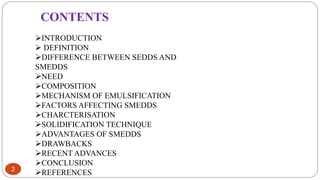 2
CONTENTS
INTRODUCTION
 DEFINITION
DIFFERENCE BETWEEN SEDDS AND
SMEDDS
NEED
COMPOSITION
MECHANISM OF EMULSIFICATION
FACTORS AFFECTING SMEDDS
CHARCTERISATION
SOLIDIFICATION TECHNIQUE
ADVANTAGES OF SMEDDS
DRAWBACKS
RECENT ADVANCES
CONCLUSION
REFERENCES
 