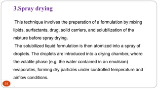 31
This technique involves the preparation of a formulation by mixing
lipids, surfactants, drug, solid carriers, and solubilization of the
mixture before spray drying.
The solubilized liquid formulation is then atomized into a spray of
droplets. The droplets are introduced into a drying chamber, where
the volatile phase (e.g. the water contained in an emulsion)
evaporates, forming dry particles under controlled temperature and
airflow conditions.
.
3.Spray drying
 