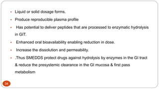 34
 Liquid or solid dosage forms.
 Produce reproducible plasma profile
 Has potential to deliver peptides that are processed to enzymatic hydrolysis
in GIT.
 Enhanced oral bioavailability enabling reduction in dose.
 Increase the dissolution and permeability.
 .Thus SMEDDS protect drugs against hydrolysis by enzymes in the GI tract
& reduce the presystemic clearance in the GI mucosa & first pass
metabolism
 