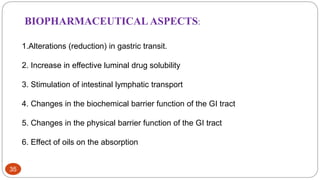 35
1.Alterations (reduction) in gastric transit.
2. Increase in effective luminal drug solubility
3. Stimulation of intestinal lymphatic transport
4. Changes in the biochemical barrier function of the GI tract
5. Changes in the physical barrier function of the GI tract
6. Effect of oils on the absorption
BIOPHARMACEUTICAL ASPECTS:
 