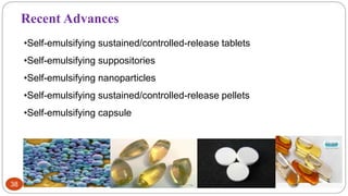 38
•Self-emulsifying sustained/controlled-release tablets
•Self-emulsifying suppositories
•Self-emulsifying nanoparticles
•Self-emulsifying sustained/controlled-release pellets
•Self-emulsifying capsule
Recent Advances
 