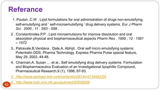 Referance
1 .Pouton .C.W . Lipid formulations for oral administration of drugs non-emulsifying,
self-emulsifying and ‘ self-microemulsifying ’ drug delivery systems. Eur J Pharm
Sci . 2000 ; 11 : S93 - S98 .
2 . Constantinides.P.P . Lipid microemulsions for improve dissolution and oral
absorption physical and biopharmaceutical aspects Pharm Res . 1995 ; 12 : 1561
– 1572
3.. Patravale.B.Vandana , Date.A. Abhijit , Oral self micro emulsifying systems:
Potentialin DDS, Pharma Technology, Express Pharma Pulse special feature,
May 29, 2003, 44-48.
4. Charman.A. Susan … et al., Self emulsifying drug delivery systems: Formulation
and Biopharmaceutics Evaluation of an Investigational lipophillic Compound,
Pharmaceutical Research,9 (1), 1998, 87-93.
5. http://www.springer.link.com/content/m2614m3134562/20
6. http://www.ncbi.n/m.nih.gov/pubmed/20659556
42
 