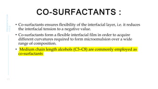 CO-SURFACTANTS :
• Co-surfactants ensures flexibility of the interfacial layer, i.e. it reduces
the interfacial tension to a negative value.
• Co-surfactants form a flexible interfacial film in order to acquire
different curvatures required to form microemulsion over a wide
range of composition.
• Medium chain length alcohols (C3–C8) are commonly employed as
co-surfactants
1 7
PRESENTATION
TITLE
 