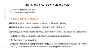 1.Phase Titration Method
2.Phase inversion Method
• 1. Phase Titration Method
dilution of an oil-surfactant mixture with water.(w/o)
dilution of a water-surfactant mixture with oil.(o/w)
mixing all components at once. In some systems, the order of ingredient
addition may determine whether a microemulsion forms.
• 2.Phase inversion method
Phase Inversion Temperature (PIT), i.e., the temperature range in which
an o/w microemulsion inverts to a w/o type or vice versa.
1 9
PRESENTATION
TITLE METHOD OF PREPARATION
 