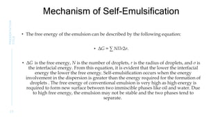 Mechanism of Self-Emulsification
• The free energy of the emulsion can be described by the following equation:
• ΔG = ∑ NΠr2σ.
• ΔG is the free energy, N is the number of droplets, r is the radius of droplets, and σ is
the interfacial energy. From this equation, it is evident that the lower the interfacial
energy the lower the free energy. Self-emulsification occurs when the energy
involvement in the dispersion is greater than the energy required for the formation of
droplets . The free energy of conventional emulsion is very high as high energy is
required to form new surface between two immiscible phases like oil and water. Due
to high free energy, the emulsion may not be stable and the two phases tend to
separate.
2 5
PRESENTATION
TITLE
 