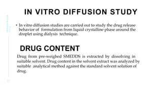 IN VITRO DIFFUSION STUDY
• In vitro diffusion studies are carried out to study the drug release
behavior of formulation from liquid crystalline phase around the
droplet using dialysis technique.
3 7
PRESENTATION
TITLE
DRUG CONTENT
Drug from pre-weighed SMEDDS is extracted by dissolving in
suitable solvent. Drug content in the solvent extract was analyzed by
suitable analytical method against the standard solvent solution of
drug.
 