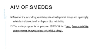 AIM OF SMEDDS
 Most of the new drug candidates in development today are sparingly
soluble and associated with poor bioavailability
 The main purpose is to prepare SMEDDS for “oral bioavailability
enhancement of a poorly water-soluble drug”.
5
PRESENTATION
TITLE
 