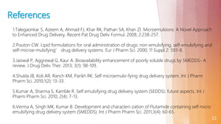 33
References
1.Talegaonkar S, Azeem A, Ahmad FJ, Khar RK, Pathan SA, Khan ZI. Microemulsions: A Novel Approach
to Enhanced Drug Delivery. Recent Pat Drug Deliv Formul. 2008; 2:238-257.
2.Pouton CW. Lipid formulations for oral administration of drugs: non-emulsifying, self-emulsifying and
self-microe-mulsifying’ drug delivery systems. Eur J Pharm Sci. 2000; 11 Suppl 2: S93-8.
3.Jaiswal P, Aggrewal G, Kaur A. Bioavailability enhancement of poorly soluble drugs by SMEDDS- A
review. J Drug Deliv Ther. 2013; 3(1): 98-109.
4.Shukla JB, Koli AR, Ranch KM, Parikh RK. Self microemulsi-fying drug delivery system. Int J Pharm
Pharm Sci. 2010;1(2): 13-33.
5.Kumar A, Sharma S, Kamble R. Self emulsifying drug delivery system (SEDDS): future aspects. Int J
Pharm Pharm Sci. 2010; 2(4): 7-13.
6.Verma A, Singh MK, Kumar B. Development and characteri-zation of Flutamide containing self micro
emulsifying drug delivery system (SMEDDS). Int J Pharm Pharm Sci. 2011;3(4): 60-65.
 