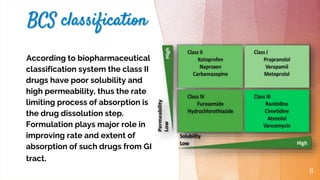 8
According to biopharmaceutical
classification system the class II
drugs have poor solubility and
high permeability, thus the rate
limiting process of absorption is
the drug dissolution step.
Formulation plays major role in
improving rate and extent of
absorption of such drugs from GI
tract.
 