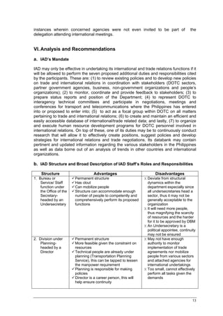 instances wherein concerned agencies were not even invited to be part of                      the
delegation attending international meetings.


VI. Analysis and Recommendations

a. IAD’s Mandate

IAD may only be effective in undertaking its international and trade relations functions if it
will be allowed to perform the seven proposed additional duties and responsibilities cited
by the participants. These are: (1) to review existing policies and to develop new policies
on trade and international relations in coordination with stakeholders (DOTC sectors,
partner government agencies, business, non-government organizations and people’s
organizations); (2) to monitor, coordinate and provide feedback to stakeholders; (3) to
prepare status reports and position of the Department; (4) to represent DOTC to
interagency technical committees and participate in negotiations, meetings and
conferences for transport and telecommunications where the Philippines has entered
into or proposed to enter into; (5) to act as a focal group within DOTC on all matters
pertaining to trade and international relations; (6) to create and maintain an efficient and
easily accessible database of international/trade related data; and lastly, (7) to organize
and execute human resource development programs for DOTC personnel involved in
international relations. On top of these, one of its duties may be to continuously conduct
research that will allow it to effectively create positions, suggest policies and develop
strategies for international relations and trade negotiations. Its databank may contain
pertinent and updated information regarding the various stakeholders in the Philippines
as well as data borne out of an analysis of trends in other countries and international
organizations.

b. IAD Structure and Broad Description of IAD Staff’s Roles and Responsibilities

    Structure                      Advantages                           Disadvantages
1. Bureau or            Permanent structure                      Х Deviate from structural
    Service/ Staff      Has clout                                  dynamics within the
    function under      Can mobilize people                        department especially since
    the Office of the   Structure can accommodate enough           all undersecretaries head a
    Secretary-          number of people to competently and        sector, thus it may not be
    headed by an        comprehensively perform its proposed       generally acceptable to the
    Undersecretary      functions                                  organization
                                                                 Х It will need more people,
                                                                   thus magnifying the scarcity
                                                                   of resources and the harder
                                                                   for it to be approved by DBM
                                                                 Х An Undersecretary is a
                                                                   political appointee, continuity
                                                                   may not be ensured
2. Division under       Permanent structure                      Х May not have enough
    Planning-           More feasible given the constraint on      authority to monitor
    headed by a         resources                                  implementation of trade
    Director            Technical people are already under         agreements nor mobilize
                        planning (Transportation Planning          people from various sectors
                        Service), this can be tapped to lessen     and attached agencies for
                        the manpower requirement                   international undertakings
                        Planning is responsible for making       Х Too small, cannot effectively
                        policies                                   perform all tasks given the
                        Director is a career person, this will     demands
                        help ensure continuity



                                                                                                13
 