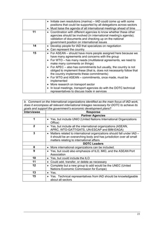 • Initiate own resolutions (marina) – IAD could come up with some
                   positions that could be supported by all delegations across sectors
                 • Must liaise the agenda of all international meetings ahead of time
      11         • Coordination with different agencies to know whether these other
                   agencies should be involved (in international meeting’s agenda);
                   validation of documents and checking up on the national
                   government position on international issues
      14         • Develop people for IAD that specializes on negotiation
                 • Can represent the country
      15         • For ASEAN – should have more people assigned here because we
                   have many agreements and concerns with the group
                 • For WTO – has many needs (multilateral agreements, we need to
                   make many comments on things)
                 • For APEC – also has commitments but usually, the country is not
                   obliged to implement these (that is, does not necessarily follow that
                   the country implements these commitments)
                 • For WTO and ASEAN – commitments, once made, must be
                   implemented
                 • More research on transport sector
                 • In local meetings, transport agencies do with the DOTC technical
                   representatives to discuss trade in services


b. Comment on the International organizations identified as the main focus of IAD work,
does it encompass all relevant international linkages necessary for DOTC to achieve its
goals and support the government’s economic development plans?
Interviewee                                       Response
                                             Partner Agencies
        1        • Yes, but include UNIO (United Nations International Organizations
                    Office)
        2        • Yes, but include all the international organizations (ASEAN,
                    APRC, WTO-GATT/GATS, UN-ESCAP and BIM-EAGA)
        3        • Matters related to international organizations should fall under IAD –
                    it should be an overarching body and has jurisdiction over all small
                    matters relating to international affairs
                                               DOTC Leaders
        8        • More international organizations can be included.
        9        • Yes, but could also emphasize of ILO, IMO, and the ASEAN Port
                    Association
       10        • Yes, but could include the ILO
       11        • Could add, transfer, or delete as necessary
       12        • Complete but a new group to add would be the UNEC (United
                    Nations Economic Commission for Europe)
       13        • Yes.
       15        • Yes. Technical representatives from IAD should be knowledgeable
                    about all sectors




                                                                                       23
 