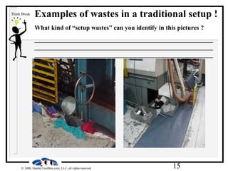 15© 2000, QualityToolBox.com, LLC, all rights reserved
Examples of wastes in a traditional setup !
What kind of “setup wastes” can you identify in this pictures ?
________________________________________________________
________________________________________________________
________________________________________________________
Think Break
 