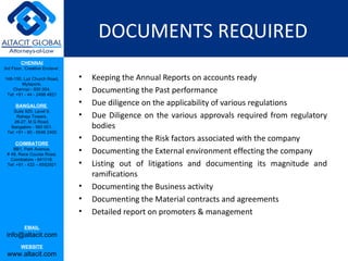 DOCUMENTS REQUIRED
         CHENNAI
3rd Floor, ‘Creative Enclave’,

148-150, Luz Church Road,        •   Keeping the Annual Reports on accounts ready
         Mylapore,
    Chennai - 600 004.
 Tel: +91 - 44 - 2498 4821
                                 •   Documenting the Past performance
      BANGALORE
                                 •   Due diligence on the applicability of various regulations
    Suite 920, Level 9,
      Raheja Towers,             •   Due Diligence on the various approvals required from regulatory
     26-27, M G Road,
   Bangalore - 560 001.              bodies
 Tel: +91 - 80 - 6546 2400
                                 •   Documenting the Risk factors associated with the company
      COIMBATORE
    BB1, Park Avenue,
 # 48, Race Course Road,
                                 •   Documenting the External environment effecting the company
   Coimbatore - 641018.
 Tel: +91 - 422 – 6552921        •   Listing out of litigations and documenting its magnitude and
                                     ramifications
                                 •   Documenting the Business activity
                                 •   Documenting the Material contracts and agreements
                                 •   Detailed report on promoters & management
           EMAIL
 info@altacit.com
         WEBSITE
 www.altacit.com
 