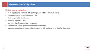 16
16
Market Makers’ Obligations
Market makers’ obligations
 To be registered as such with SME exchanges, and act for a minimum period
 Two-way quote for 75% of the time in a day
 Black out period to be informed
 Minimum depth Rs. 1 lakh
 Not more than 5 market makers for a scrip
 Different rates can be quoted by different market makers
 Maximum spread / price bands to be stipulated by SME exchange, or in the offer document
 