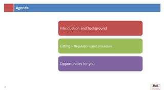 2
Agenda
2
Introduction and background
Listing – Regulations and procedure
Opportunities for you
 