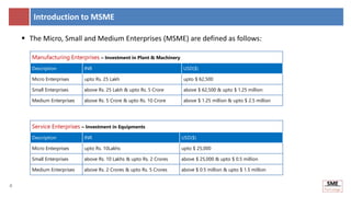 4
4
Introduction to MSME
Manufacturing Enterprises – Investment in Plant & Machinery
Description INR USD($)
Micro Enterprises upto Rs. 25 Lakh upto $ 62,500
Small Enterprises above Rs. 25 Lakh & upto Rs. 5 Crore above $ 62,500 & upto $ 1.25 million
Medium Enterprises above Rs. 5 Crore & upto Rs. 10 Crore above $ 1.25 million & upto $ 2.5 million
 The Micro, Small and Medium Enterprises (MSME) are defined as follows:
Service Enterprises – Investment in Equipments
Description INR USD($)
Micro Enterprises upto Rs. 10Lakhs upto $ 25,000
Small Enterprises above Rs. 10 Lakhs & upto Rs. 2 Crores above $ 25,000 & upto $ 0.5 million
Medium Enterprises above Rs. 2 Crores & upto Rs. 5 Crores above $ 0.5 million & upto $ 1.5 million
 