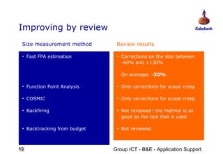 Improving by review
 Size measurement method       Review results

 • Fast FPA estimation         • Corrections on the size between
                                 -60% and +130%

                                 On average: -30%

 • Function Point Analysis     • Only corrections for scope creep

 • COSMIC                      • Only corrections for scope creep

 • Backfiring                  • Not reviewed: the method is as
                                 good as the tool that is used

 • Backtracking from budget    • Not reviewed



12
12                            Group ICT - B&E - Application Support
 